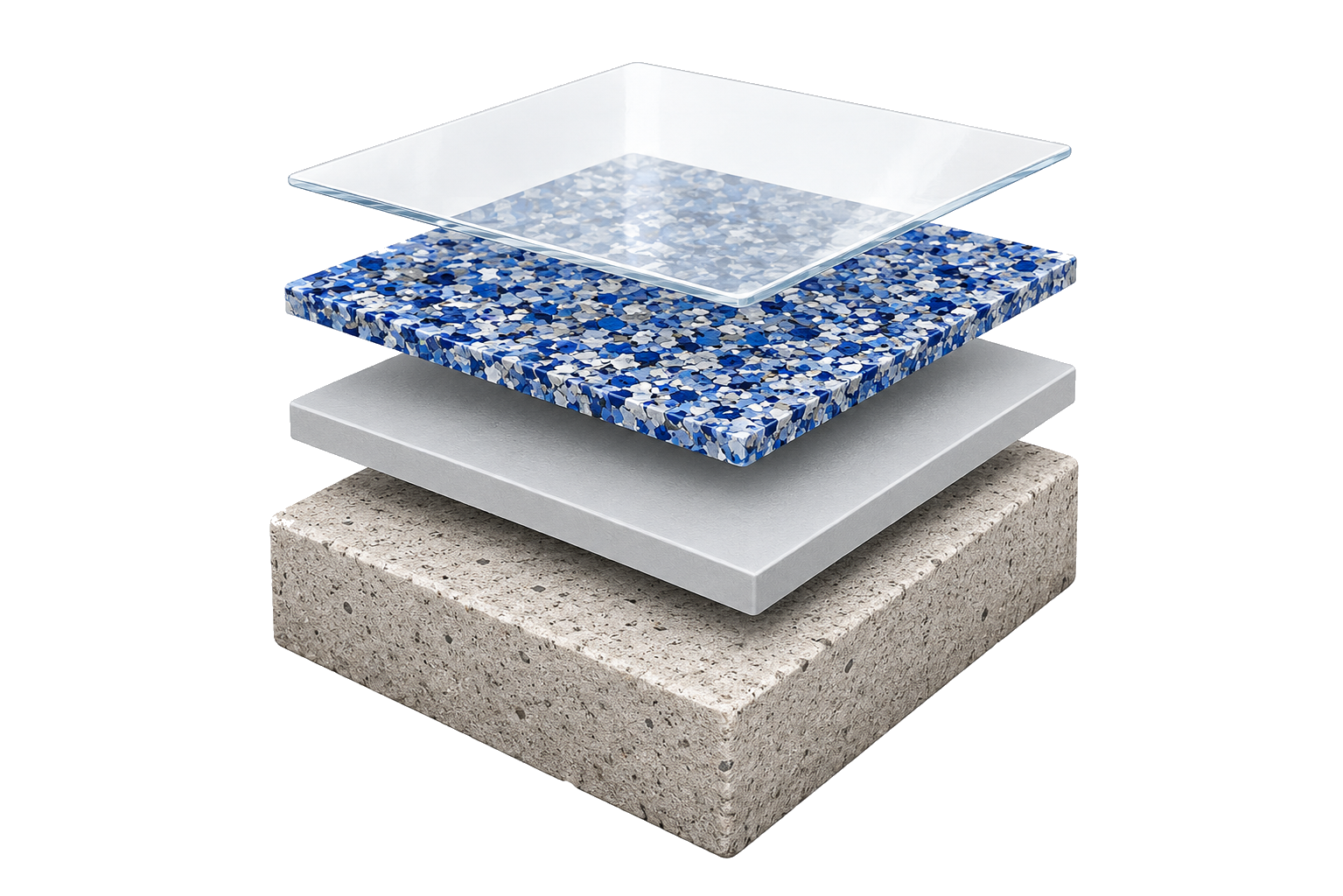Exploded cross-section of the DFW Coatings system: prepared concrete base, polyaspartic base coat, decorative color flakes, and a glossy UV-stable topcoat