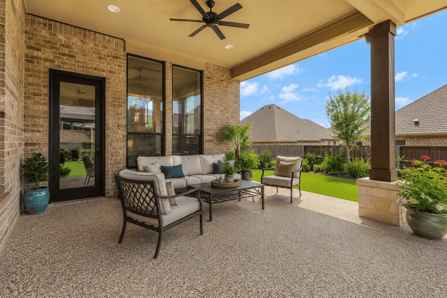Covered back patio with a tan flake floor coating overlooking the yard